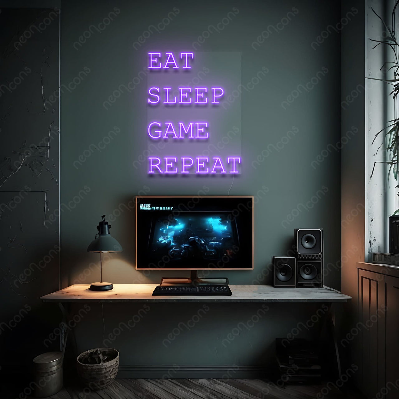 "Eat Sleep Game Repeat" Neon Sign by Neon Icons