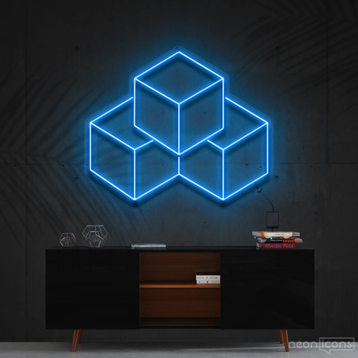 "3D Cubes" Neon Sign 60cm (2ft) / Ice Blue / Cut to Shape by Neon Icons