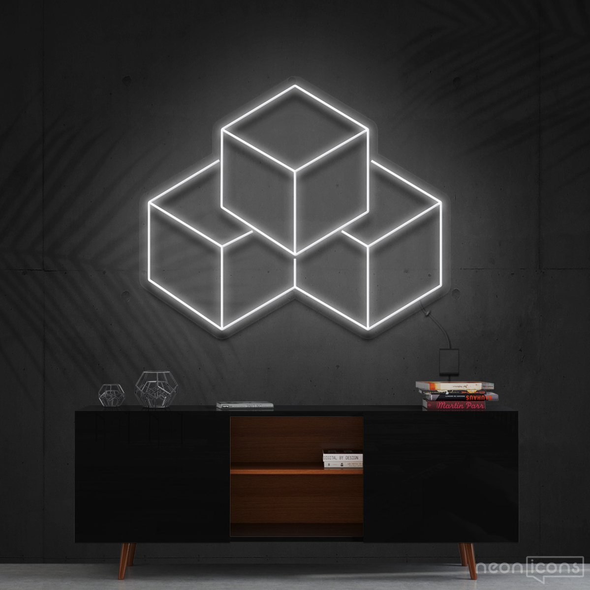 "3D Cubes" Neon Sign 60cm (2ft) / White / Cut to Shape by Neon Icons
