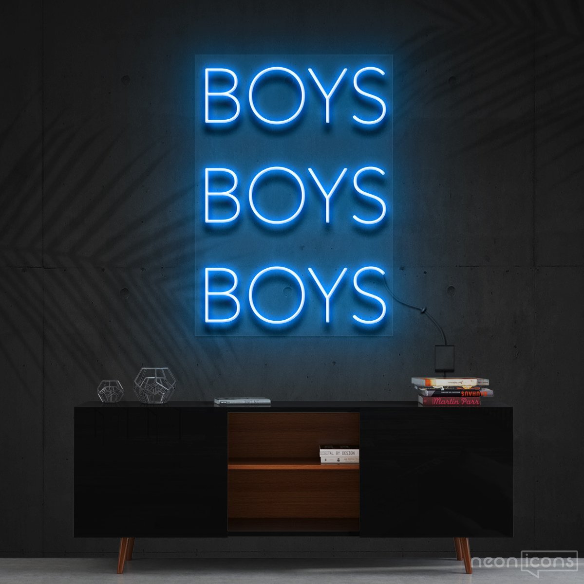 "Boys Boys Boys" Neon Sign 60cm (2ft) / Ice Blue / Cut to Shape by Neon Icons