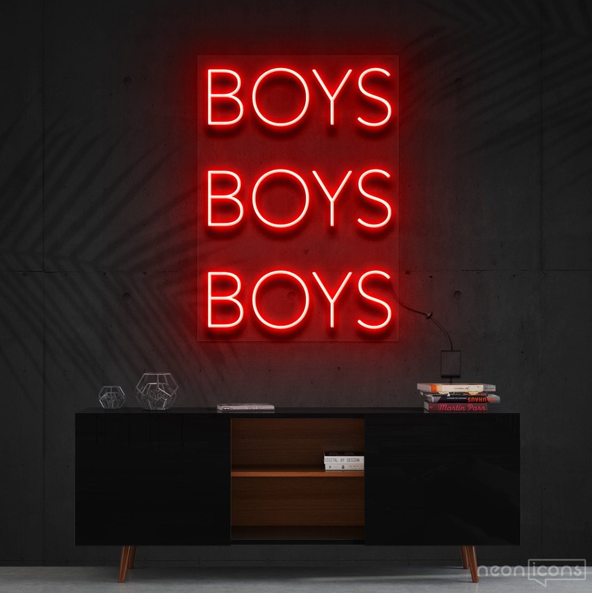 "Boys Boys Boys" Neon Sign 60cm (2ft) / Red / Cut to Shape by Neon Icons