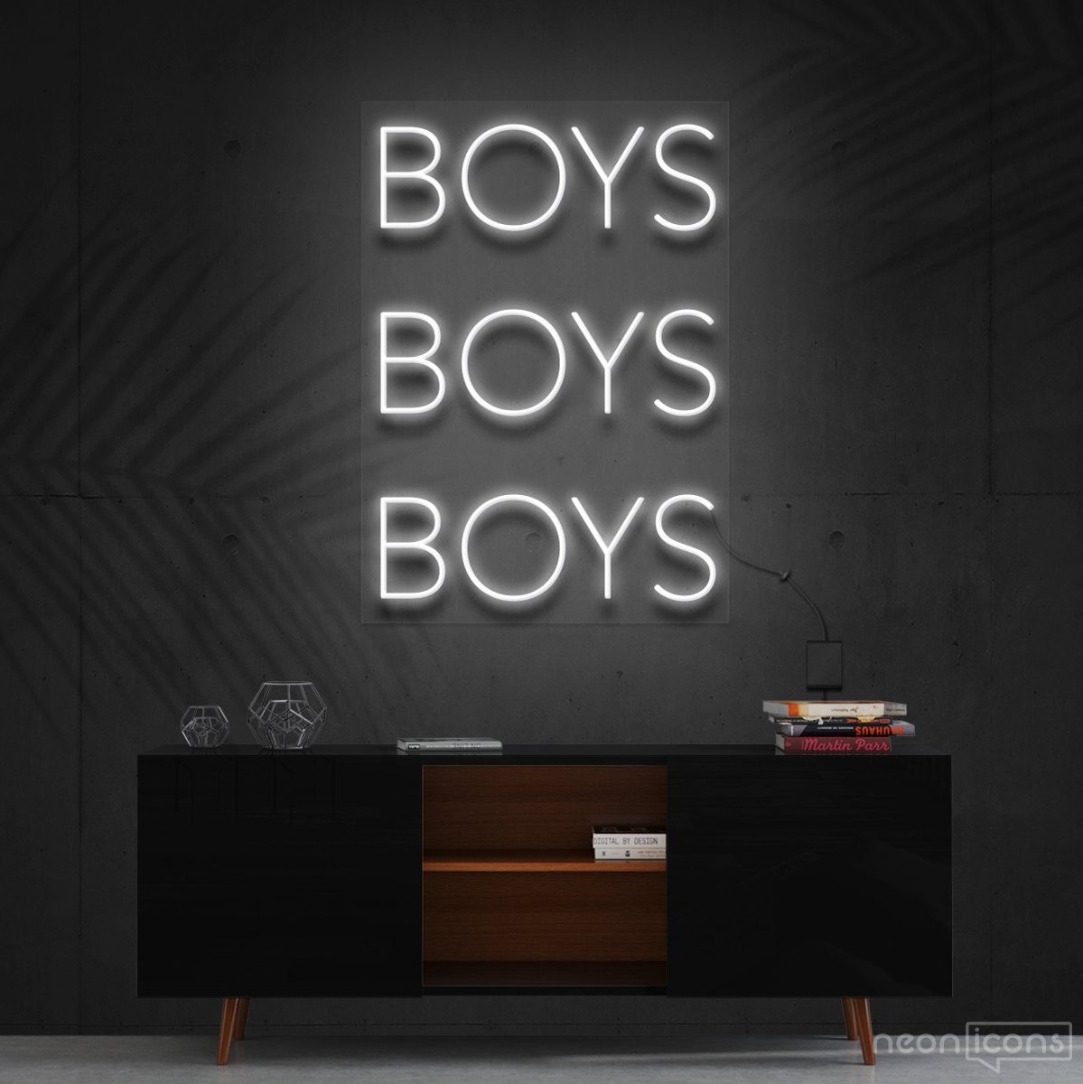 "Boys Boys Boys" Neon Sign 60cm (2ft) / White / Cut to Shape by Neon Icons