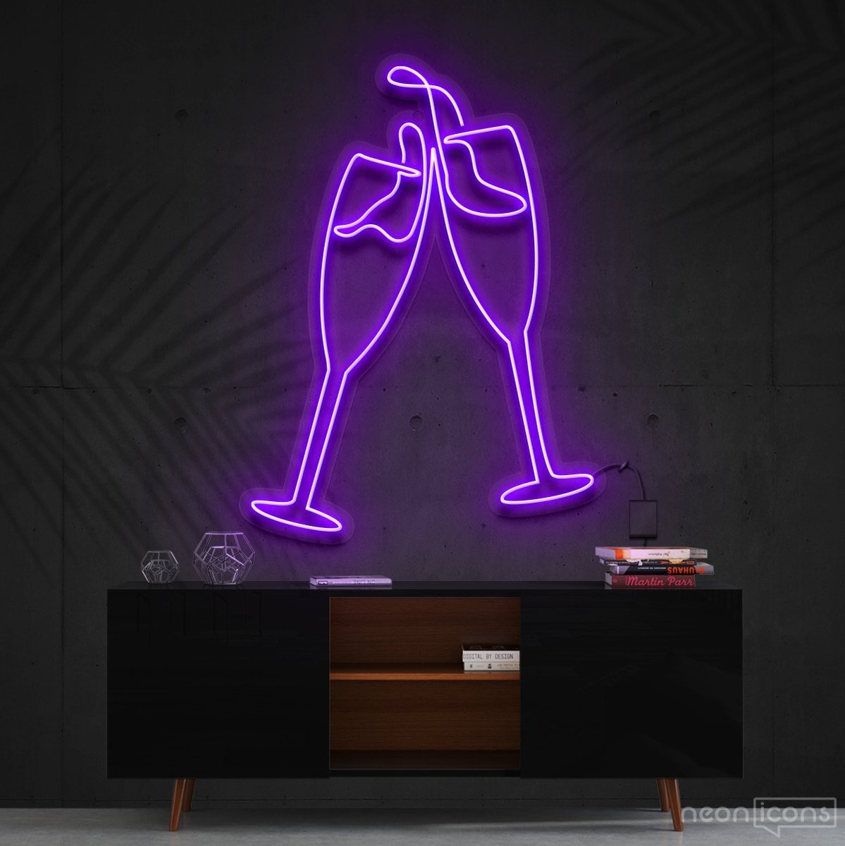 "Champagne Cheers" Neon Sign 60cm (2ft) / Purple / Cut to Shape by Neon Icons