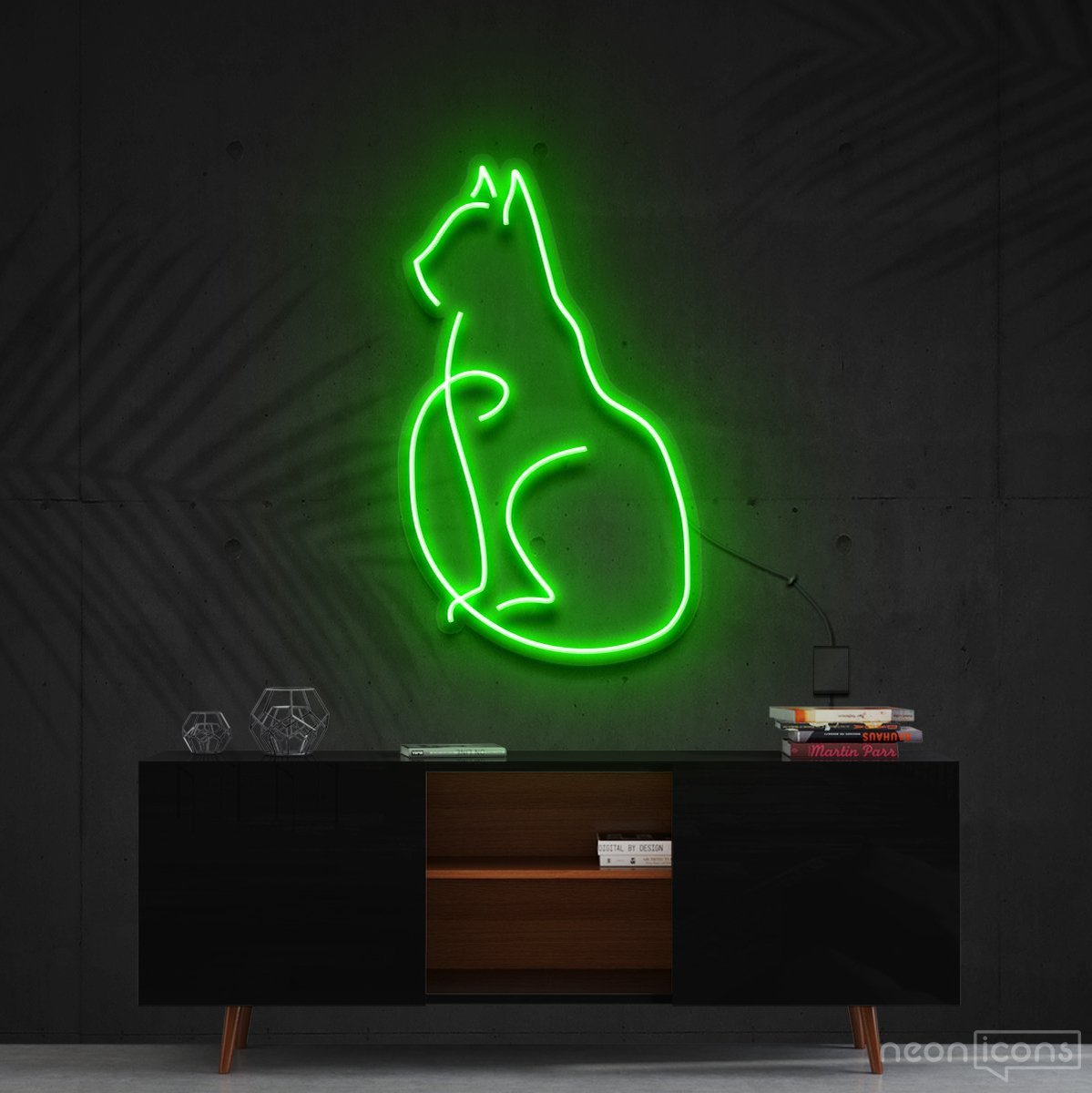 "Curious Cat" Neon Sign 60cm (2ft) / Green / Cut to Shape by Neon Icons