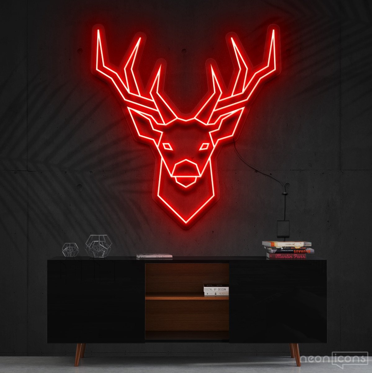 "Geometric Deer" Neon Sign 60cm (2ft) / Red / Cut to Shape by Neon Icons