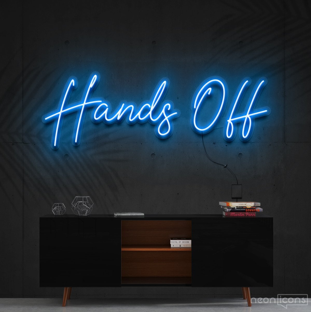 "Hands Off" Neon Sign 60cm (2ft) / Ice Blue / Cut to Shape by Neon Icons