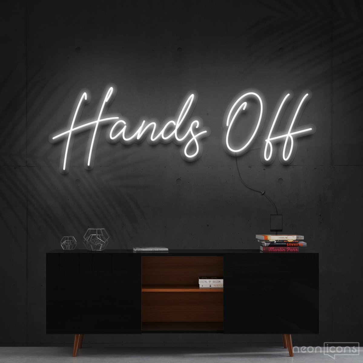 "Hands Off" Neon Sign 60cm (2ft) / White / Cut to Shape by Neon Icons