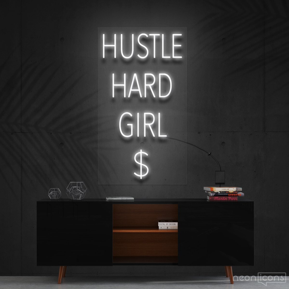 "Hustle Hard Girl $" Neon Sign 60cm (2ft) / White / Cut to Shape by Neon Icons