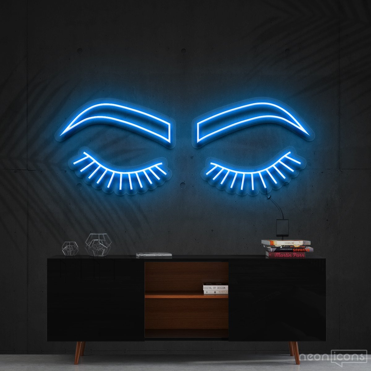 "Lashes & Brows" Neon Sign 60cm (2ft) / Ice Blue / Cut to Shape by Neon Icons