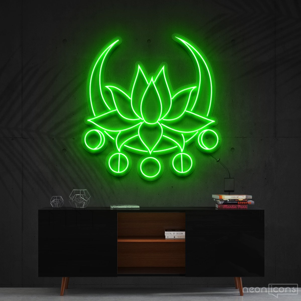 "Moon Lotus" Neon Sign 60cm (2ft) / Green / Cut to Shape by Neon Icons