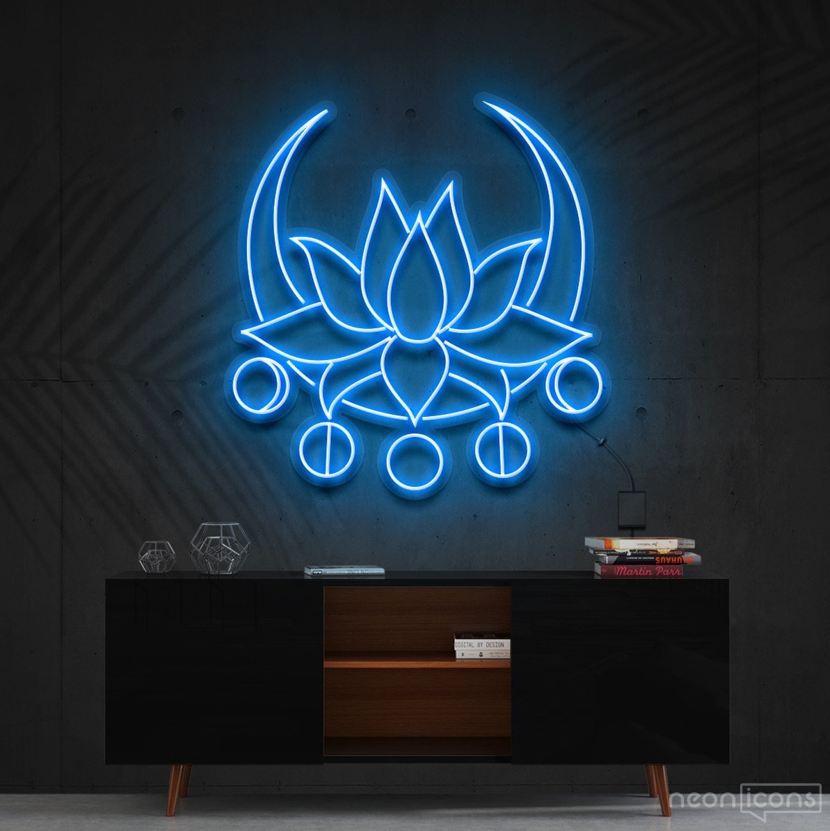 "Moon Lotus" Neon Sign 60cm (2ft) / Ice Blue / Cut to Shape by Neon Icons