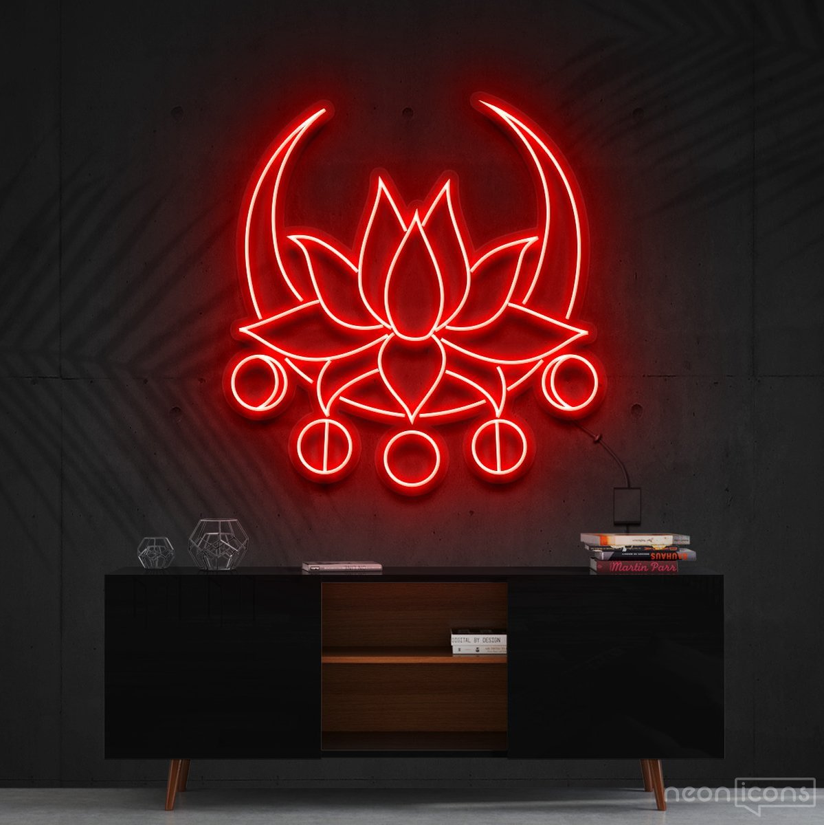 "Moon Lotus" Neon Sign 60cm (2ft) / Red / Cut to Shape by Neon Icons