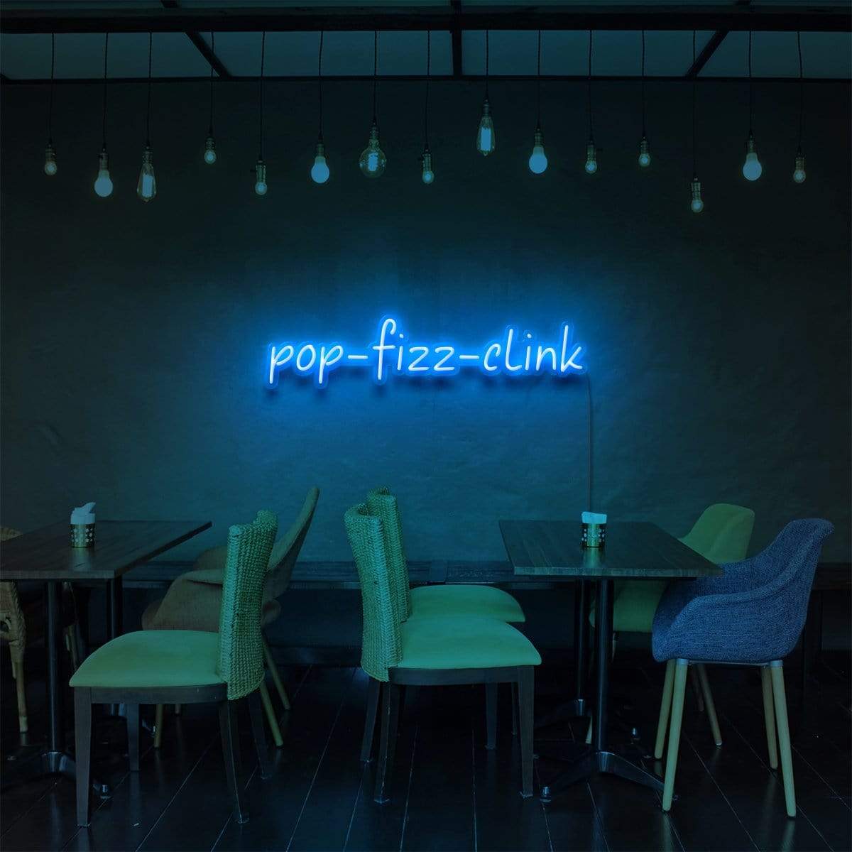 "Pop Fizz Clink" Neon Sign for Bars & Restaurants 60cm (2ft) / Ice Blue / LED Neon by Neon Icons