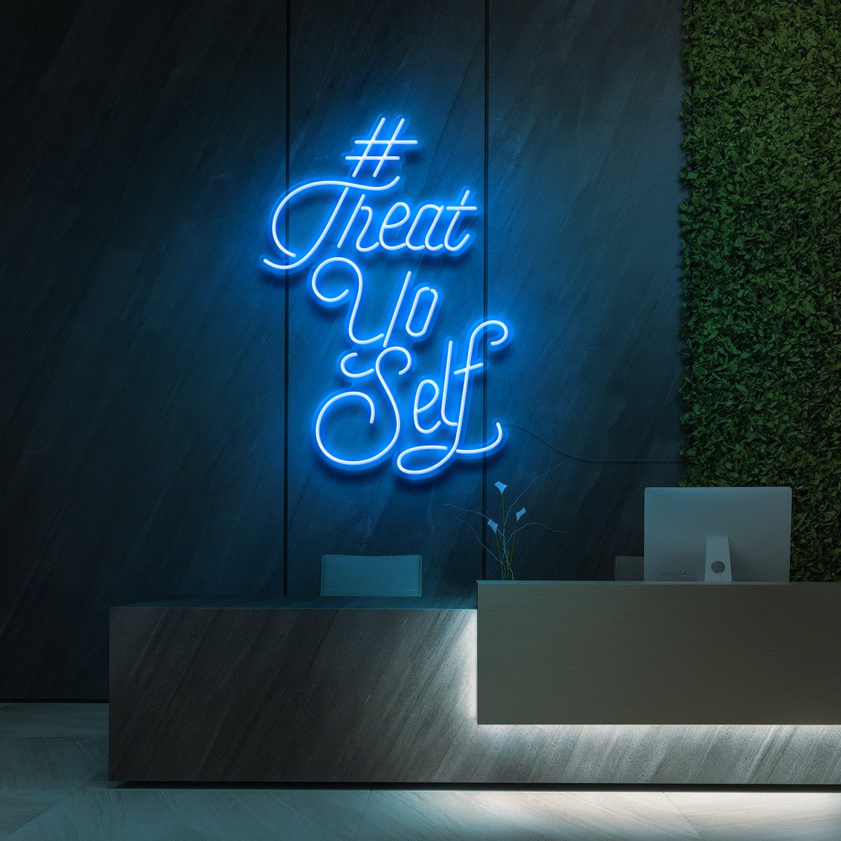 "#TreatYoSelf" Neon Sign for Beauty Salons & Cosmetic Studios 60cm (2ft) / Ice Blue / LED Neon by Neon Icons
