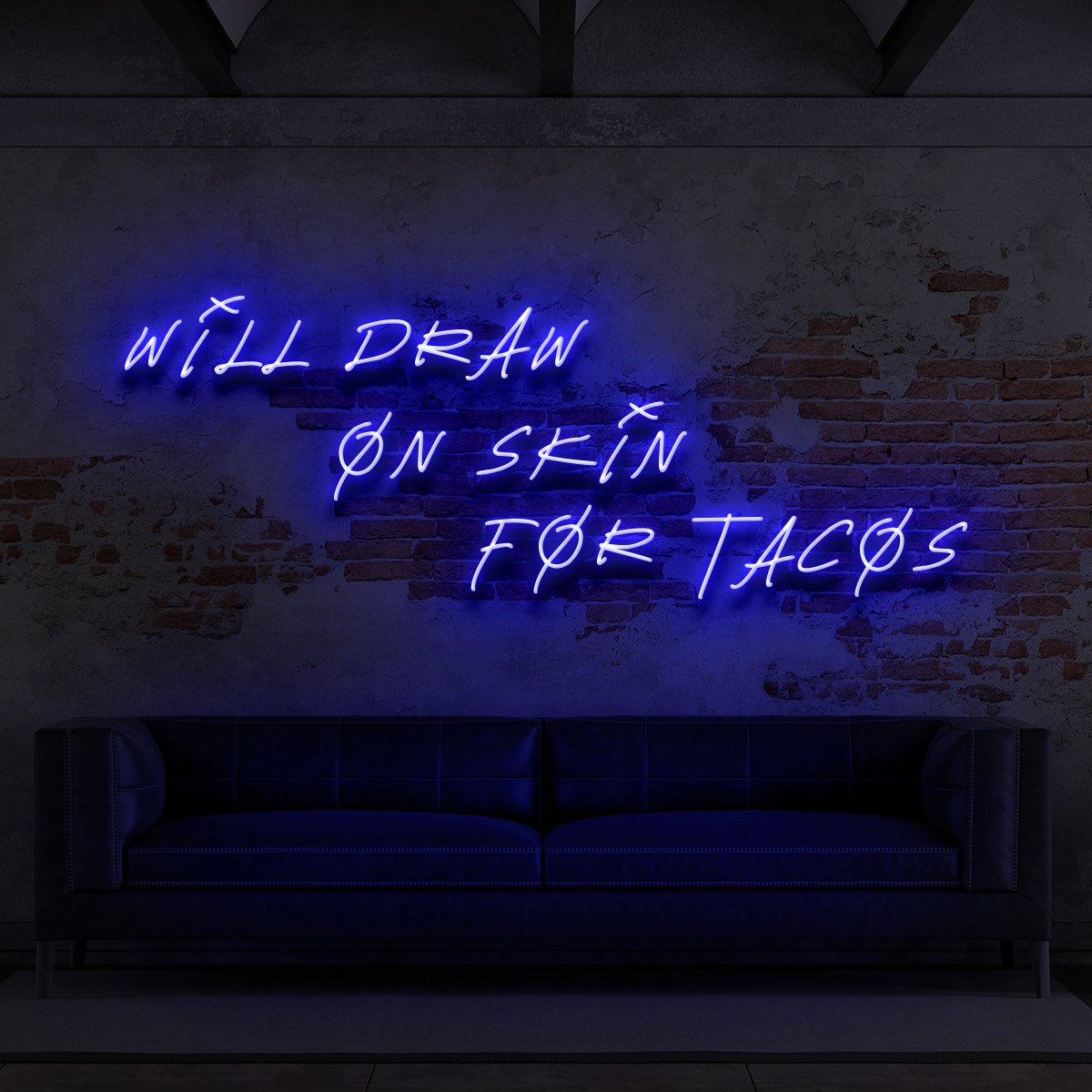 "Will Draw On Skin For Tacos" Neon Sign for Tattoo Parlours 90cm (3ft) / Blue / LED Neon by Neon Icons