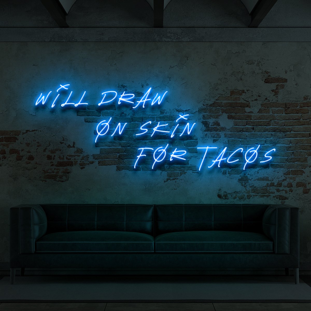"Will Draw On Skin For Tacos" Neon Sign for Tattoo Parlours 90cm (3ft) / Ice Blue / LED Neon by Neon Icons