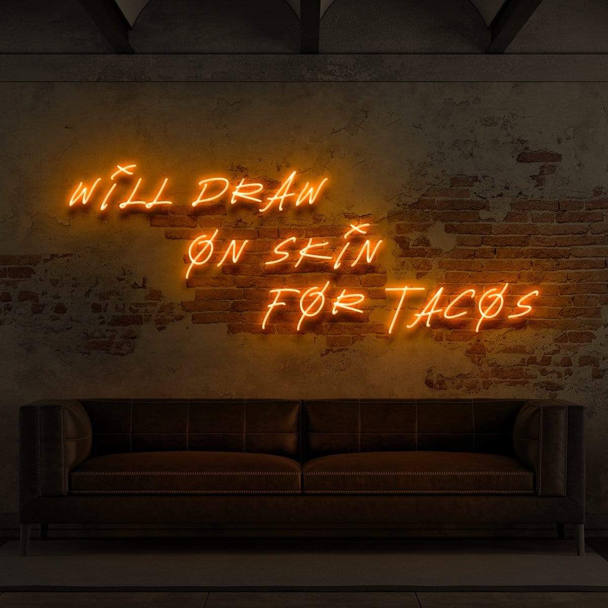 "Will Draw On Skin For Tacos" Neon Sign for Tattoo Parlours 90cm (3ft) / Orange / LED Neon by Neon Icons