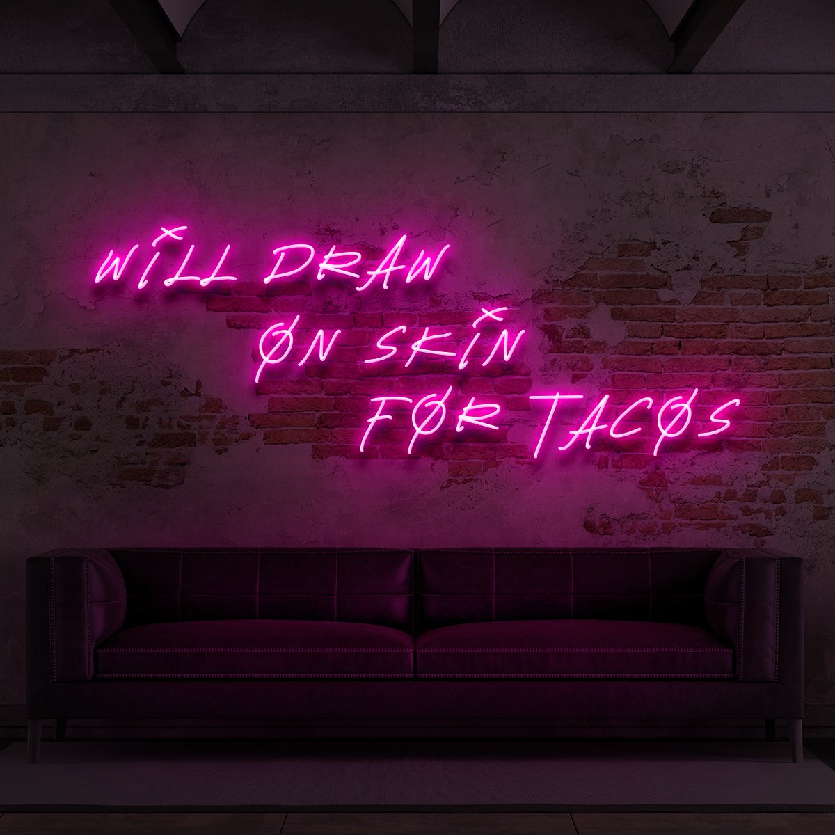 "Will Draw On Skin For Tacos" Neon Sign for Tattoo Parlours 90cm (3ft) / Pink / LED Neon by Neon Icons